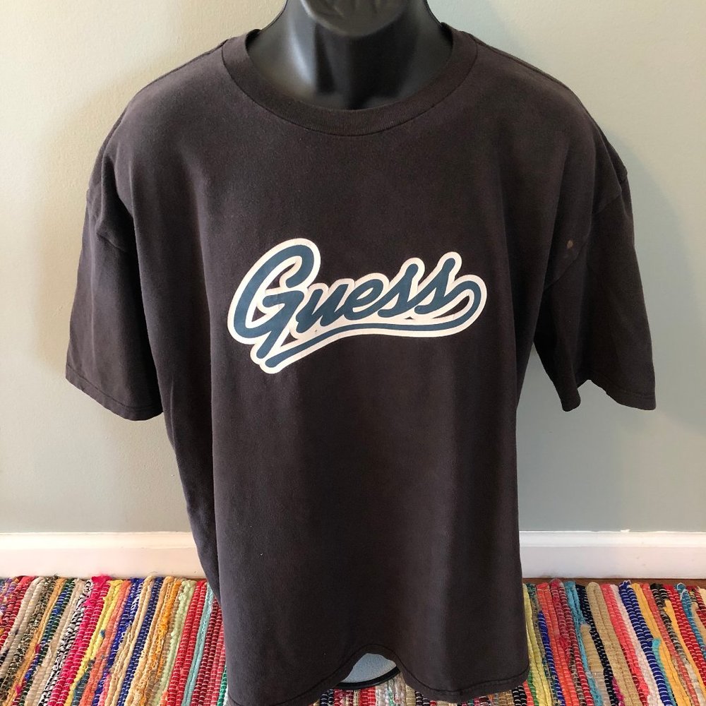 90s Guess Spellout Logo Shirt Blue Made In USA XXL